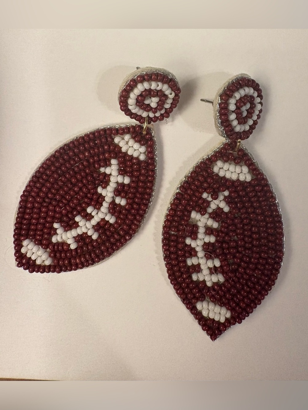 Beaded Brown and White Football Drop Earrings